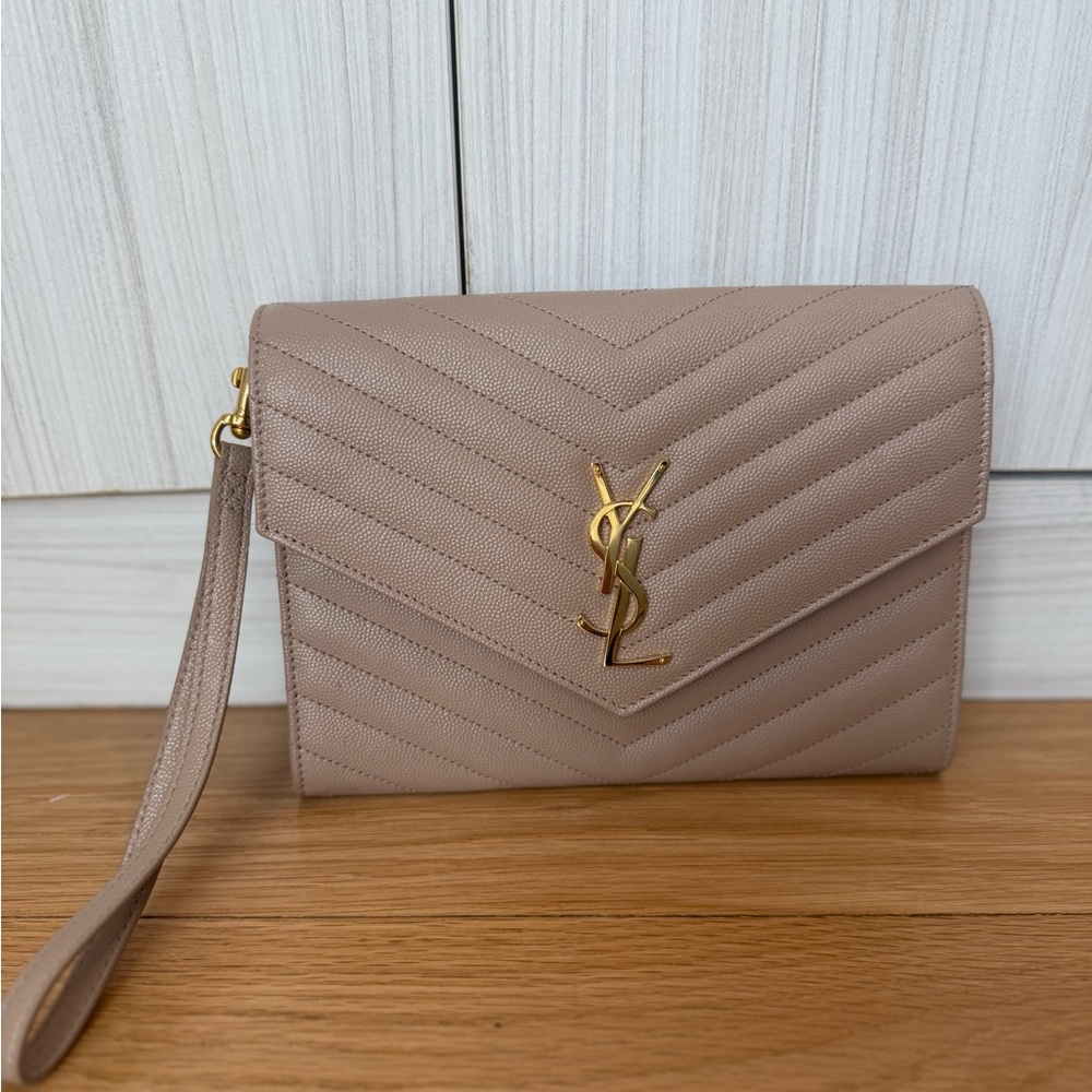 Saint Laurent Taupe Quilted Wristlet with Gold Logo
